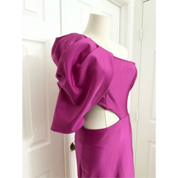 Zen Purple One Puff Statement Shoulder Sleeve Cutout Midi Dress Size XS - Picture 2 of 7